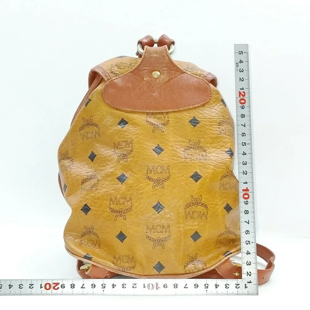 MCM Cognac Visetos Logo Leather Drawstring Backpack
